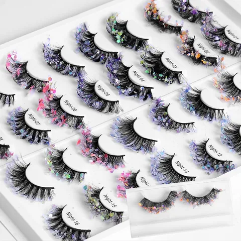 8D Mink Faux Eyelashes With Colorful Sequins Glitter Exaggerated Stage Makeup Fake Lashes Hand Made Dramatic Party Eye Lashes For Women