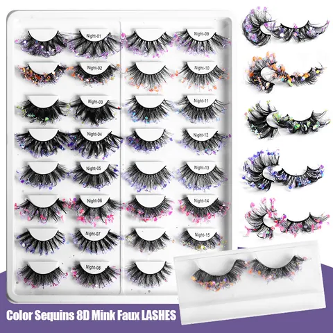 8D Mink Faux Eyelashes With Colorful Sequins Glitter Exaggerated Stage Makeup Fake Lashes Hand Made Dramatic Party Eye Lashes For Women