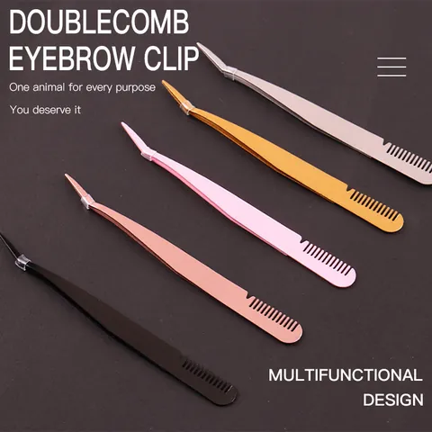 Professional Stainless Steel Eyelash Tweezers With Comb Multi Functional False Eyelash Applicator Eyebrow Combing Beauty Makeup Tools