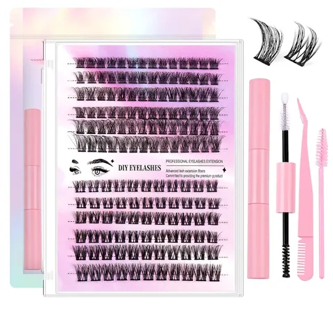 DIY Cluster Lash Extension Kit Συνθετική Ίνα Τμηματοποιημένες Ψεύτικες Βλεφαρίδες Με Bond Seal Εφαρμογέα Τσιμπιδάκι Βούρτσα