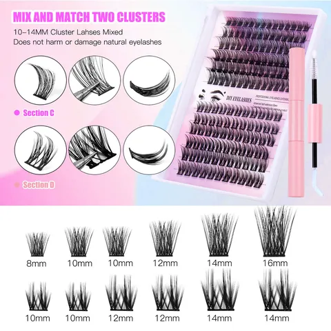 DIY Cluster Lash Extension Kit Συνθετική Ίνα Τμηματοποιημένες Ψεύτικες Βλεφαρίδες Με Bond Seal Εφαρμογέα Τσιμπιδάκι Βούρτσα