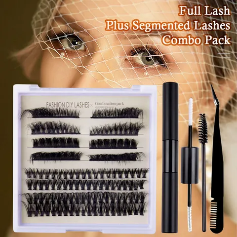 Set Trucco Professionale Ciglia Finte a Grappolo DIY Extension Ciglia Segmentate Con Colla Sigillante Pennello e Pinzetta