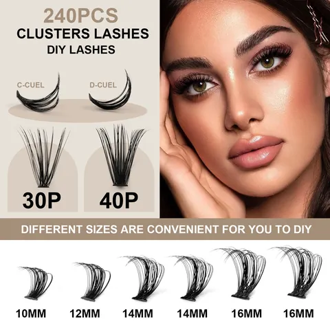 DIY Ciglia a Grappolo Individuali Kit Estensione Ciglia in Finta Martora Con Colla Pinzette Pennello per Donna Trucco Naturale 3D
