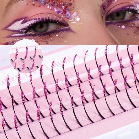 Glitter Πούλιες Πολύχρωμες Ψεύτικες Βλεφαρίδες Μεμονωμένες Συστάδες Χειροποίητες C Curl Λαμπερές Βλεφαρίδες για Μακιγιάζ Πάρτι