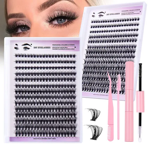 DIY Cluster Lashes Natural Wispy Segmented Eyelashes D Curl Individual Lash Extension Kit With Bond Seal Glue Tweezers Applicator Brush For Women Daily Beauty