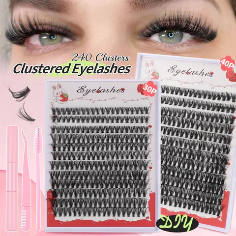 Natural Segmented Individual Cluster False Eyelashes DIY Kit D Curl Black Synthetic Fiber With Glue Tweezers Brush Tool