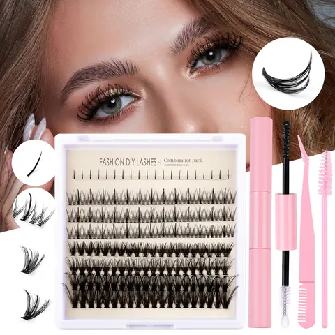 DIY Cluster Eyelash Extension Segmented Lashes D Curl False Eyelashes Bond Seal Tweezers Brush Natural Wispy Comic Look