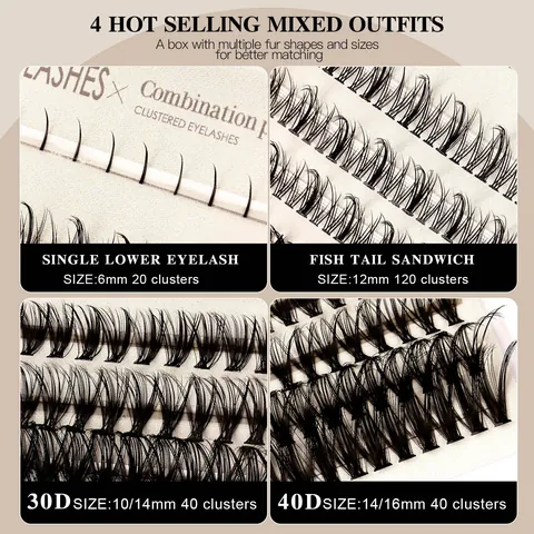 DIY Cluster Eyelash Extension Segmented Lashes D Curl False Eyelashes Bond Seal Tweezers Brush Natural Wispy Comic Look