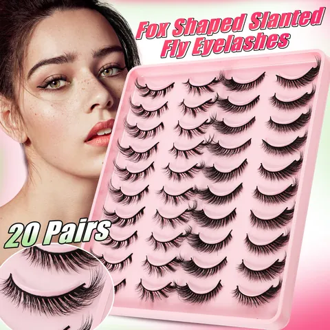 20 Paia di Ciglia Finte Fox Eye Stile Occhi di Gatto Voluminose Ricce Naturali Folte in Fibra Sintetica Set Trucco