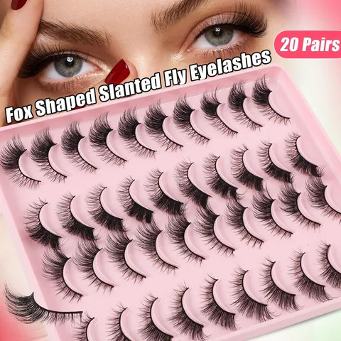 20 Paia di Ciglia Finte Fox Eye Stile Occhi di Gatto Voluminose Ricce Naturali Folte in Fibra Sintetica Set Trucco