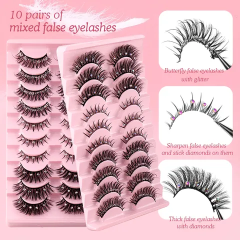 Rhinestone Glitter False Eyelashes Synthetic Fiber Cross Pattern Thick Curled Natural 3D Eye Lashes For Stage Makeup Women