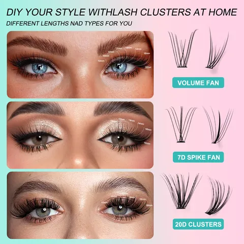 Kit de Extensión de Pestañas DIY Profesional Longitudes Mixtas Volumen Fan Spike Clusters Pestañas Postizas Segmentadas Con Pegamento Sellador Removedor Pinzas Herramientas