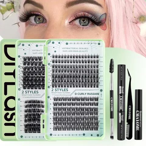 DIY Cluster Lashes Kit D Curl Russian Volume Soft Synthetic Fiber Individual Eyelashes Extension Set With Bond Seal Remover Tweezers Brush For Women Natural 3D Makeup Lash Kit