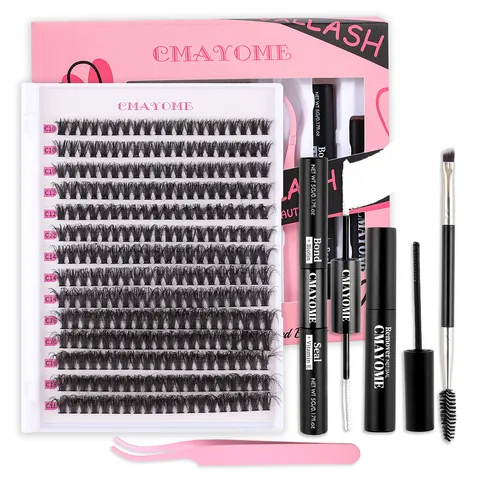 DIY Eyelash Extension Kit Mixed Length D Curl Thick Cluster Fake Lashes Bond Seal Remover Tweezers Brush Set For Women Makeup