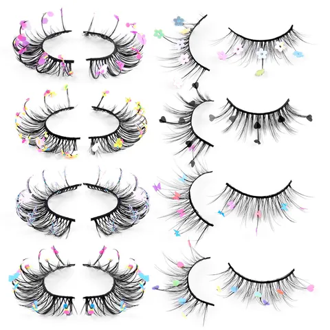 Ciglia Finte in Fibra Sintetica Dramatic Riccio Russo Decorazione Paillettes Cuore Farfalla Halloween Festa Festival Trucco Donna