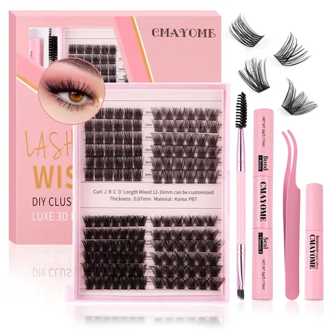 DIY Cluster Falsche Wimpern Set Gemischte Längen D Curl PBT Kunstfaser Mit Wimpernkleber Versiegelung Entferner Pinzette Rosa