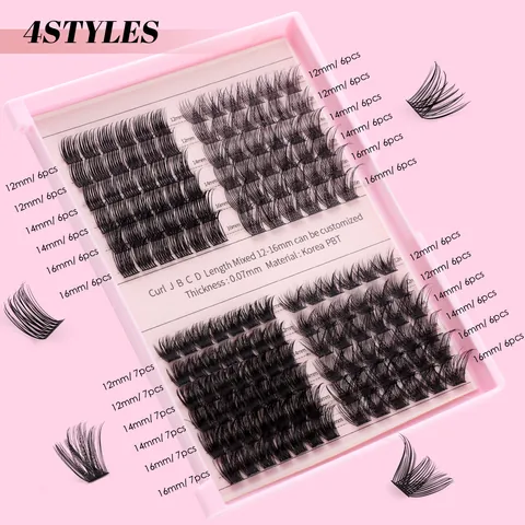 DIY Cluster Falsche Wimpern Set Gemischte Längen D Curl PBT Kunstfaser Mit Wimpernkleber Versiegelung Entferner Pinzette Rosa