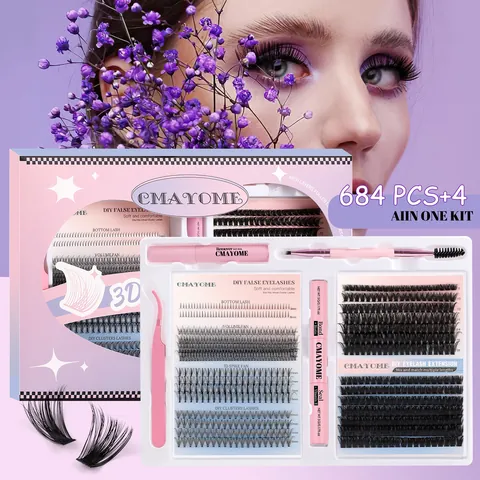Kit Extension Ciglia DIY Con Bond And Seal Solvente Pinzetta Pennello Ciglia a Grappolo Lunghezza Mista Per Trucco Occhi Donna