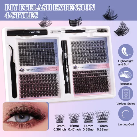 DIY Cluster Wimperverlenging Kit Met Bond Seal Verwijderaar Pincet Borstel Synthetische Vezel Pluizige 3D Valse Wimpers