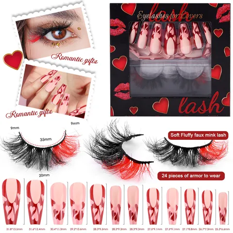 Valentijnsdag Rode Hart Plaknagels En Rood Zwarte Valse Wimpers Met Lijm Pincet Romantisch Beauty Cadeau Voor Dames