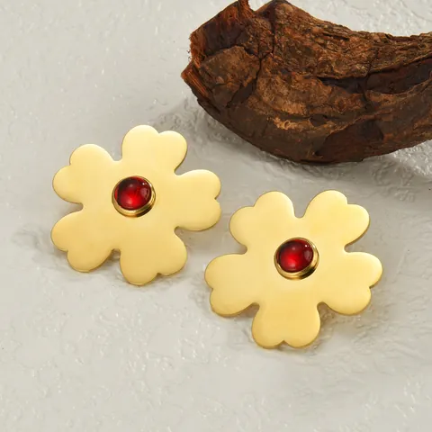 Vintage Exaggerated Stainless Steel Flower Stud Earrings For Women Gold Plated Metal Floral Jewelry With Synthetic Ruby