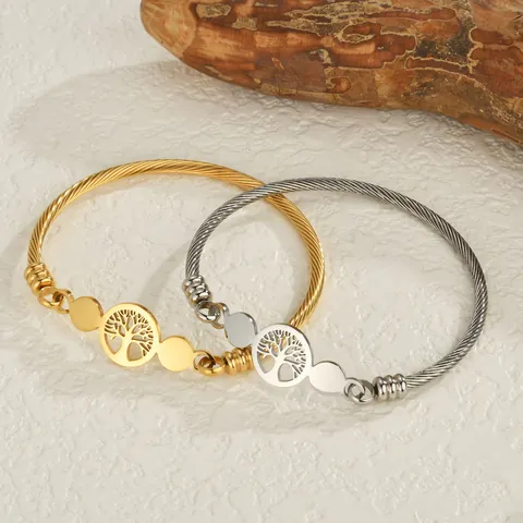 Tree of Life Stainless Steel Cable Wire Bangle For Women Hollow Round Charm Open Twisted Bracelet Gold Silver Plated Jewelry Gift
