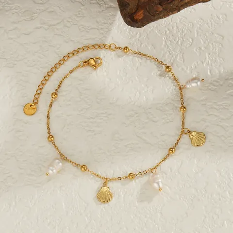Bracelet de Cheville en Acier Inoxydable Plaqué Or Coquillage et Künstliche Perle pour Femme Bijoux de Plage Bohème Bracelet de Cheville Réglable Croix