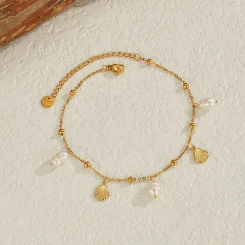 Bracelet de Cheville en Acier Inoxydable Plaqué Or Coquillage et Künstliche Perle pour Femme Bijoux de Plage Bohème Bracelet de Cheville Réglable Croix
