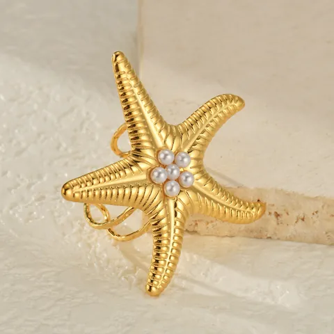 Mode Edelstahl Seestern Künstliche Perle Offener Ring Für Damen 18K Vergoldet Ozean Muschel Design Statement Ring Marine Schmuck