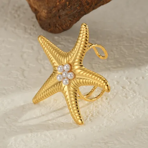 Mode Edelstahl Seestern Künstliche Perle Offener Ring Für Damen 18K Vergoldet Ozean Muschel Design Statement Ring Marine Schmuck