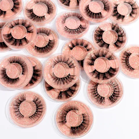 Faux Cils 3D Fibre Synthétique Naturel Épais Courbé Cils Wispy Avec Boîtes de Rangement Rose Paillettes Pour Maquillage Femmes