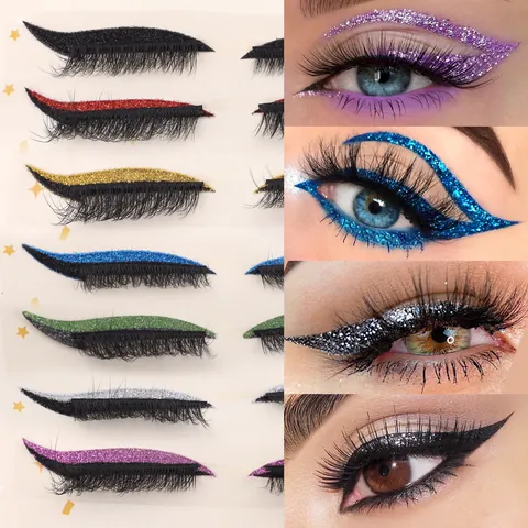 Colored Glitter Eyeliner False Eyelashes Glue-Free Self-Adhesive Reusable Waterproof Fluffy Thick Dramatic Lashes For Party Carnival Women