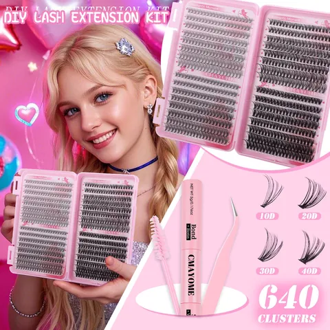 DIY Eyelash Extension Kit Individual Lash Clusters Natural Dense Curled Segmented False Eyelashes Pink Tools Set For Women