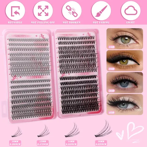 DIY Eyelash Extension Kit Individual Lash Clusters Natural Dense Curled Segmented False Eyelashes Pink Tools Set For Women