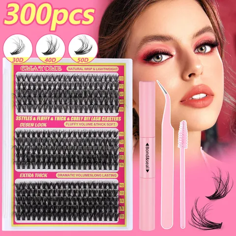 Individual Lash Clusters Extension With Bond And Seal Pink Tweezers Brush Curly Thick Fluffy False Eyelashes For Women