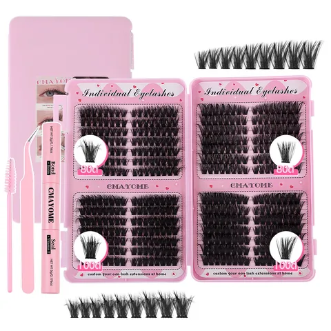 CMAYOME DIY Cluster Eyelash Extension Kit Individual Synthetic Fiber Eyelashes With Bond And Seal Glue Tweezers And Spoolie Brush