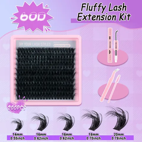 Kit de Extensión de Pestañas DIY Pestañas de Clúster 60D Con Pegamento de Doble Extremo Pinzas de Acero Inoxidable Cepillo