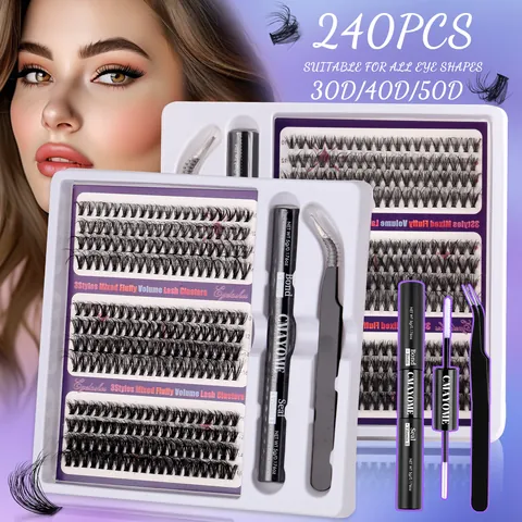 DIY Cluster Eyelash Extension Kit Professional Individual D Curl Fluffy Volume Natural Thick Wispy Lashes With Bond Seal Glue Tweezers For Women Eye Makeup