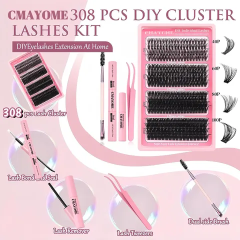 Kit di Estensione Ciglia a Ciuffi Fai-da-te Ciglia Individuali Segmentate Naturali Folte Ricce Con Bond Seal Rimuovi Pinzette Pennello Set Ciglia Professionale Donna