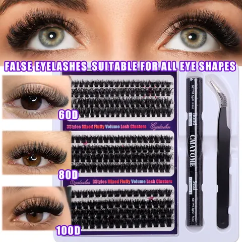 DIY Cluster Eyelash Extension Kit Professional Individual D Curl Fluffy Volume Natural Thick Wispy Lashes With Bond Seal Glue Tweezers For Women Eye Makeup