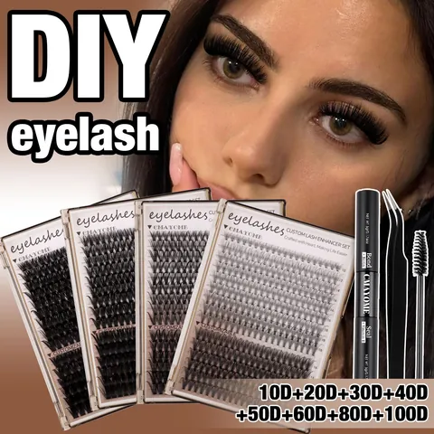 DIY Cluster Eyelash Extension Kit Natural Curly Dense Segmented False Eyelashes With Bond Seal Tweezer Brush Set Black