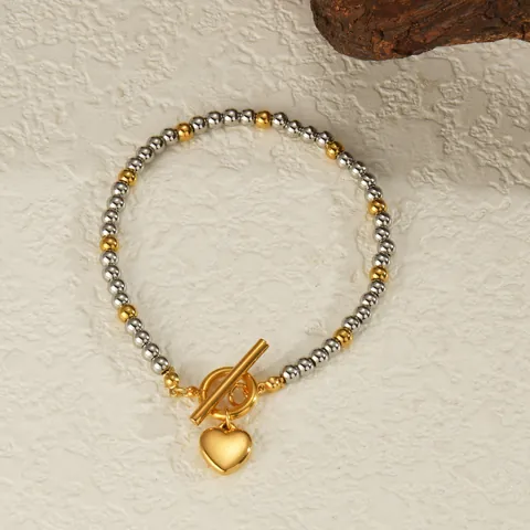 Edelstahl Bicolor Gold Silber Perlenarmband Für Damen Einfacher Ins Stil Herz Anhänger Knebelverschluss Modeschmuck