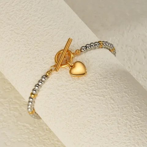 Edelstahl Bicolor Gold Silber Perlenarmband Für Damen Einfacher Ins Stil Herz Anhänger Knebelverschluss Modeschmuck