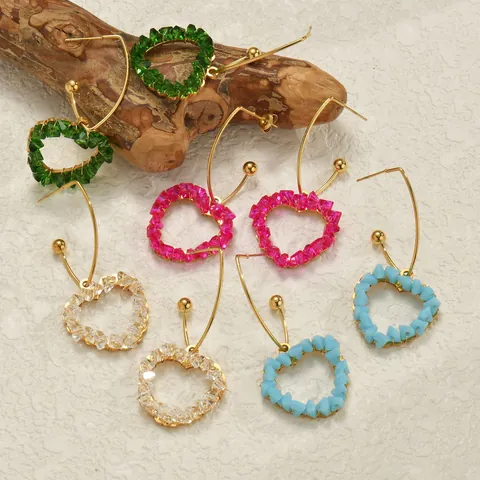 Bohemian Colorful Crystal Heart Geometric Drop Hoop Earrings Gold Plated Alloy Handmade Woven Jewelry For Women Party