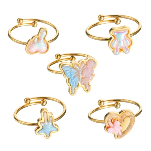 INS Style Stainless Steel Open Adjustable Ring For Women Colorful Bear Heart Butterfly Star Resin Earrings Jewelry