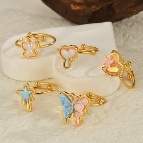 INS Style Stainless Steel Open Adjustable Ring For Women Colorful Bear Heart Butterfly Star Resin Earrings Jewelry