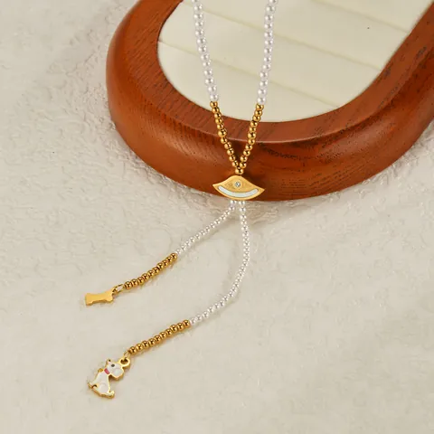 Collier Pendentif Perle en Acier Inoxydable Plaqué Or 18K pour Femme Papillon Cœur Chien Breloques Bijoux Tendance