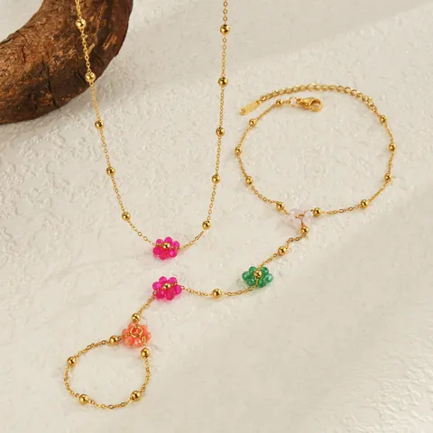 Bohemian Gold Stainless Steel Hand Chain Colorful Beaded Flower Necklace Jewelry Set For Women Daily Party Decor