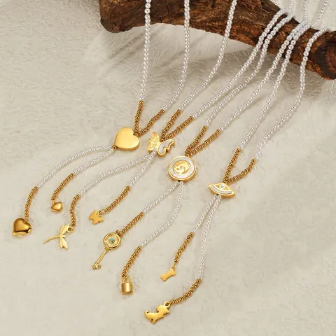 Collier Pendentif Perle en Acier Inoxydable Plaqué Or 18K pour Femme Papillon Cœur Chien Breloques Bijoux Tendance