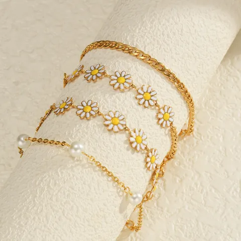 Stainless Steel 18K Gold Plated Daisy Pearl Bracelet Set For Women Vintage Flower Star Charm Link Beaded Bracelet Jewelry Gift